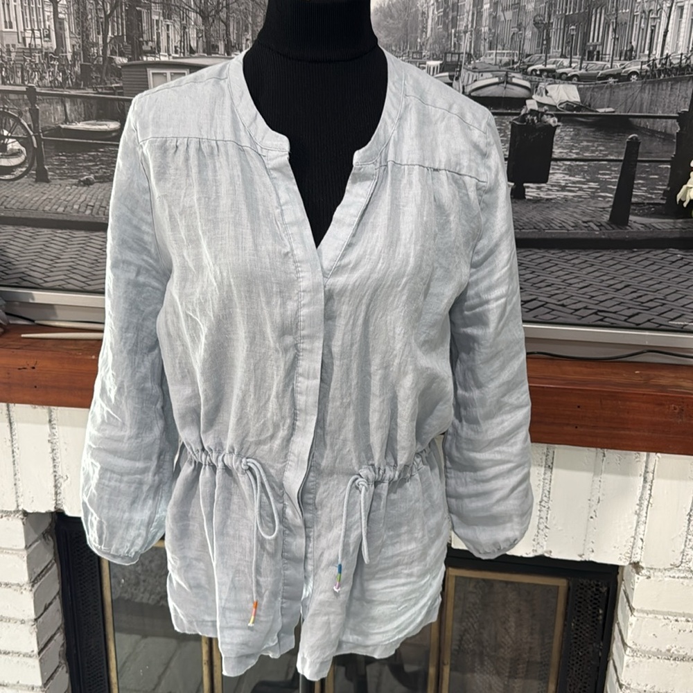 Magaschoni Women Linen Button Down Shirt Long Sleeve Gray Blue Large Drawstring